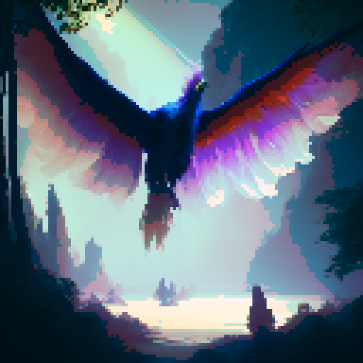 fantasy RPG, majestic, vibrant, multicolored, feathered, bird of paradise, soaring, elegant, graceful, wings spread wide, forest, lush, enchanted, towering trees, sunlight filtering through leaves, moss-covered ground, mystical ambiance