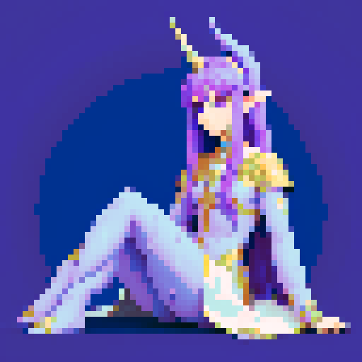 a purple and blue elf unicorn human hybrid creature sitting cross legged and taking a breathe in a tranquil way