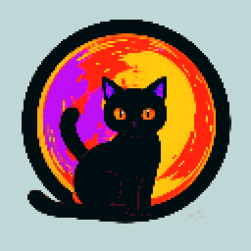 black cat with orange eyes wandering in galaxies and space, planets, comets