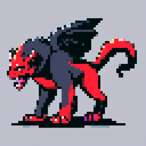 Dark, fierce, and stunning, a chimera with a blend of black and red, depicted in pixel art with vibrant sRGB colors