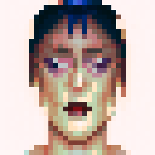 Pixelated close-up portrait of a skillful game icon, featuring vibrant colors and intricate details in 32x32 pixel art style.