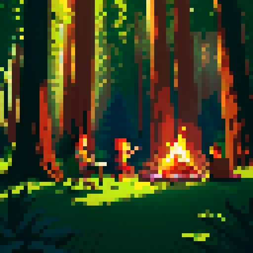 Redwood trees towering, dense foliage, sunbeams piercing through, campfire crackling, tents pitched, people roasting marshmallows, pixelated art, vibrant colors, sRGB palette