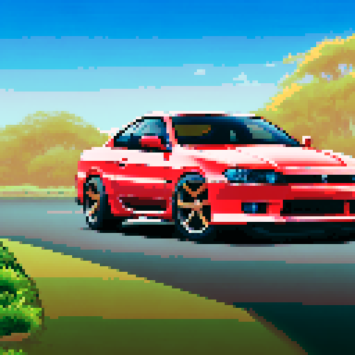 Photorealistic whole Nissan Silvia, three-quarter view, right front wheel, clean background, sRGB colors, pixel art style