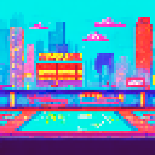 Flashing neon signs, pulsating dance floor, DJ booth, disco ball, crowded bar, glowing cocktails, smoke-filled air, towering skyscrapers in the background, all depicted in sRGB pixel art style