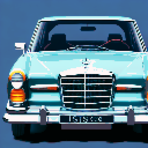Photorealistic whole Mercedes-Benz 600 SEL, three-quarter view, right front wheel, clean background, sRGB colors, pixel art style
