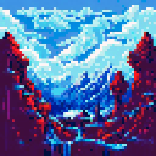 War plane debris scattered in a snow-covered valley, with towering, jagged peaks piercing the stormy sky as a desolate, frozen landscape stretches beyond, rendered in detailed pixel art with a soft sRGB color palette