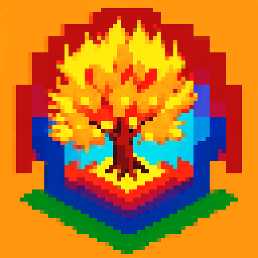 A blazing, pixelated tree engulfed in vibrant flames, radiating intense colors in a distinctive sRGB style