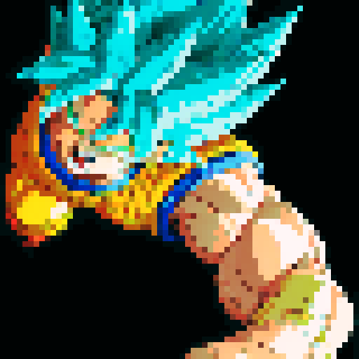 Broly, muscular, fierce, Super Saiyan, intense, power, vibrant colors, pixel art, sRGB