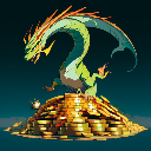 dragon with shimmering scales, hoard of gold coins glimmering in the background, dragon leisurely lounging on top of a massive pile of gold coins, dragon's majestic form taking up the full canvas with intricate pixel art details in a vibrant sRGB color palette, dragon is gold colored