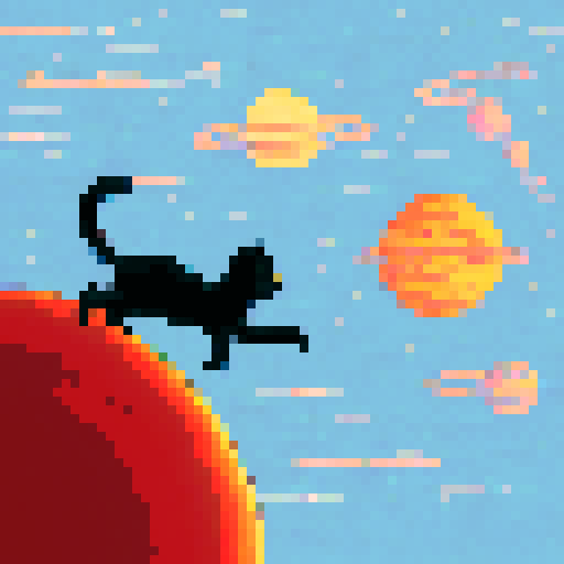 black cat with orange eyes, wandering through galaxies and space, surrounded by planets and comets
