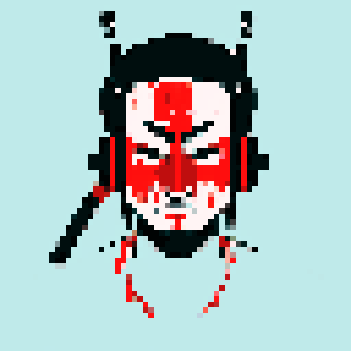 A samurai mask with DJ headphones and blood, minimalist aesthetics