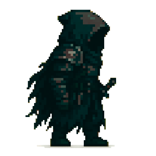 Prompt for creating 2D RPG hero sprites:

Character type:

A man in dark, heavy, hooded armor.

The image of a hidden hero, reminiscent of an assassin or a grim warrior.

Clothing and armor:

Hood concealing the face (no distinct features).

Dark armor with metal plates on the shoulders and arms.

A belt with several pouches or knives, possibly a dagger or short sword, hangs from the waist.

Twisted or torn fabric on the shoulders and hem, giving a mystical appearance.

Positions:

Side (profile