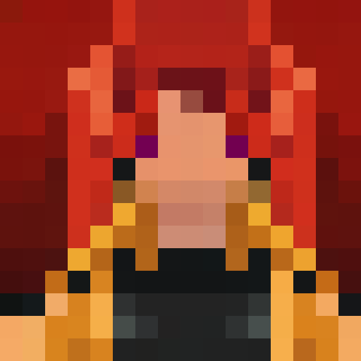 Shalltear Bloodfallen, with her crimson hair and piercing eyes, portrayed in a pixel art game icon style, featuring a close-up, 16x16 pixel portrait