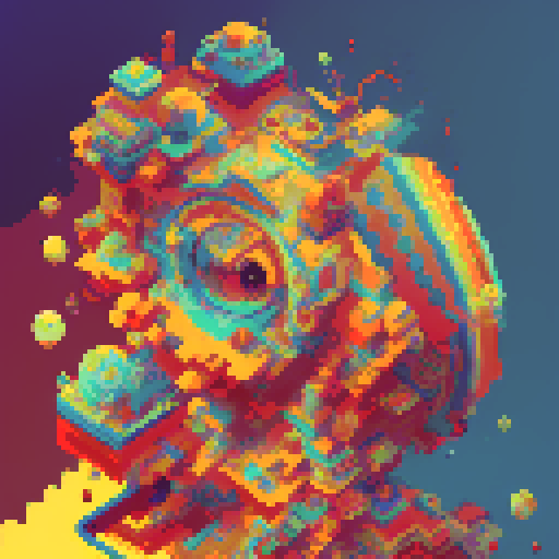 crazy artist, vibrant colors, intricate details, pixel art, abstract shapes, swirling patterns, dynamic composition, exaggerated features, energetic brushstrokes, playful textures, whimsical characters