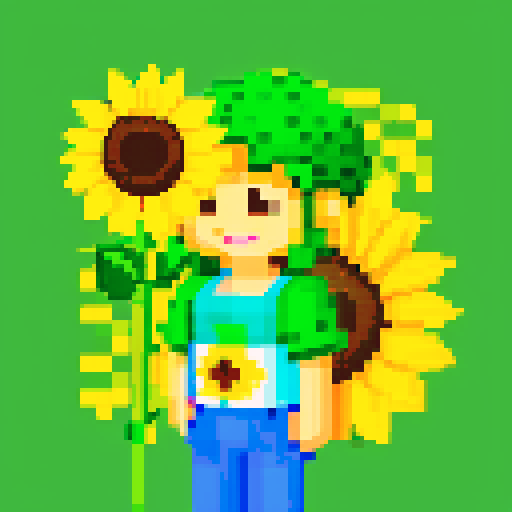 sunflower with smiling face, green pants