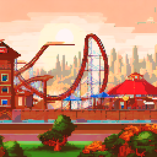 wide shot amusement park, towering roller coasters