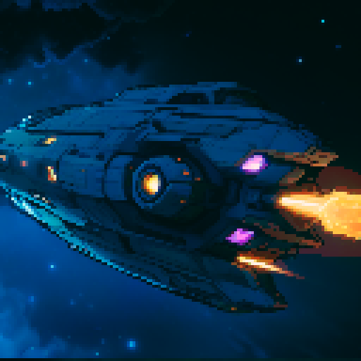 spaceship with sleek metallic exterior, glowing engine fires, starry backdrop, vibrant pixel art, sRGB colors
