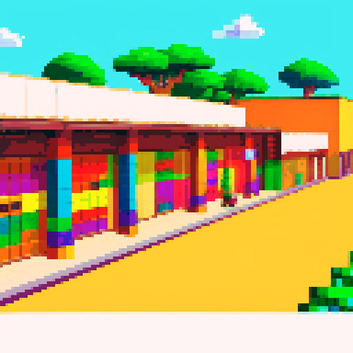 Wholesale building corridor, vibrant African colors, pixel art, sRGB, shelves with food crates