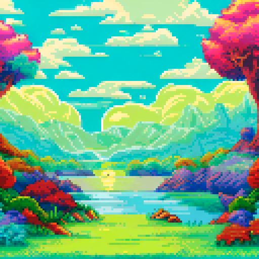 pixel art of a serene landscape of trees and water, and a sunrise with the sun clearly visible in the middle. Bright scene. Foliage and flowers in the forefront. use of simple primary colors of red blue yellow and green. high saturation