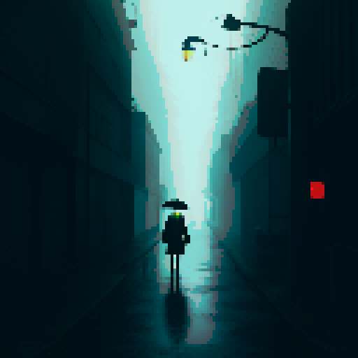 neo noir forest, dark shadows, towering trees, misty atmosphere, neon lights, rain-soaked pavement, a lone figure, trench coat, fedora hat, glowing cigarette, flickering streetlamp, reflections in puddles, abandoned alleyway, hidden secrets, eerie silence, retro video game aesthetic
