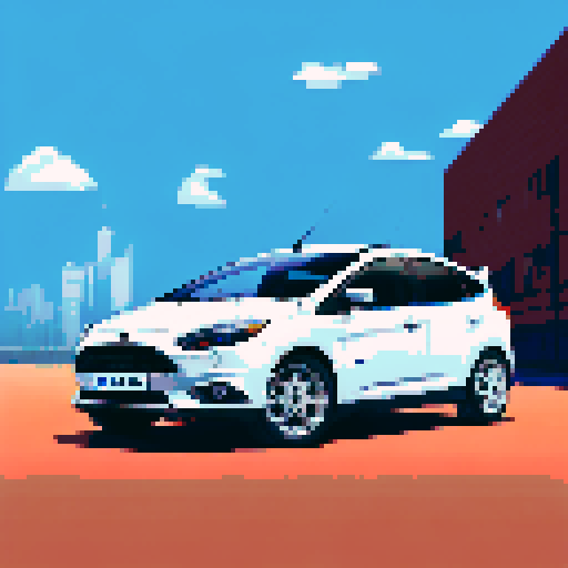 Photorealistic, centered Ford Focus in a three quarter view, right wheel in front, clean background, pixel art style with sRGB colors