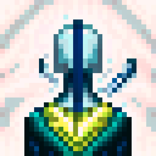 armoured warrior, pixelated details, vibrant colors, intense gaze, futuristic pistol, shining metallic armor, intricate design, dynamic pose, dramatic lighting, glowing energy accents, skillfully crafted weaponry, iconic game art