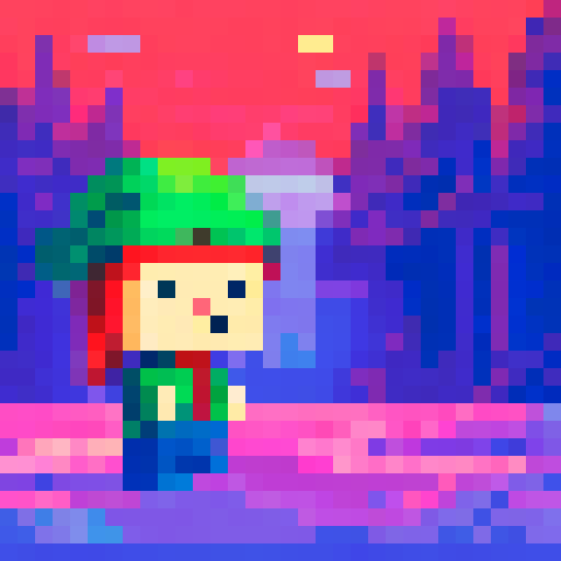 Pixel figure, with a green cap and a bright red scarf, standing on a snow-covered hill with a few trees in the background
