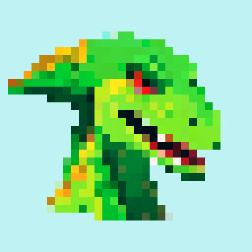 dinosaur face, pixel art, sRGB, vibrant colors, sharp edges, detailed scales, expressive eyes, textured skin, playful expression, retro aesthetic, dynamic angles
