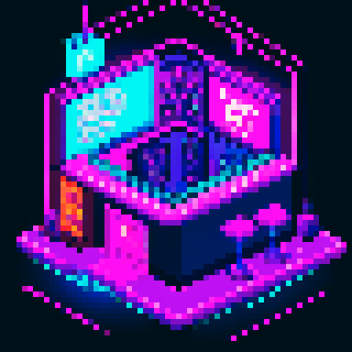 Create a pixel art illustration of a cyberpunk bar with a detailed bar counter. The scene should have a side-scroll perspective, capturing the bustling atmosphere typical of 2D games. Make sure to include neon lights, futuristic decor, and characters interacting within the bar. The image should have a trendy and stylish aesthetic, reflecting the vibrant and edgy nature of the cyberpunk genre.