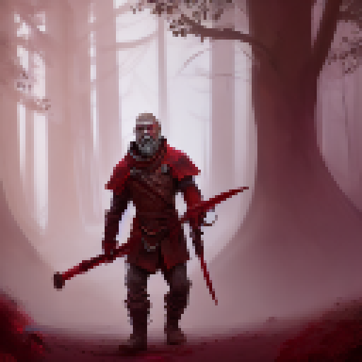Gray-bearded warrior wielding a staff with red armor, standing in a dark, misty forest with twisted trees and glowing mushrooms; rendered in a gritty, high-contrast comic book style.