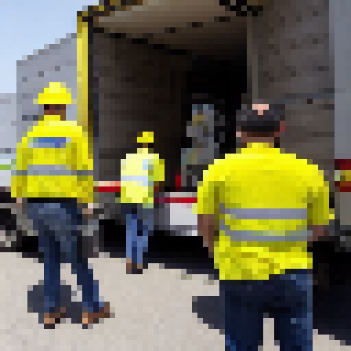 Create a drawing of people wearing yellow shirts and helmets conducting a physical inventory of set top box equipment inside a truck. In the background, you can see several cell towers on the horizon. Be sure to include details of the tools and electronic devices the workers are using to complete their task