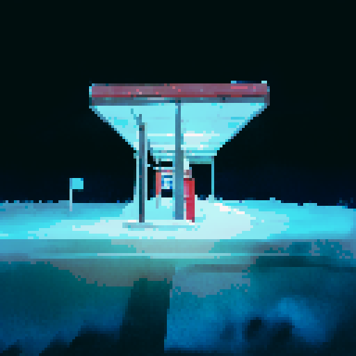 black sky with twinkling stars, gas station at night casting light on the snow, empty void