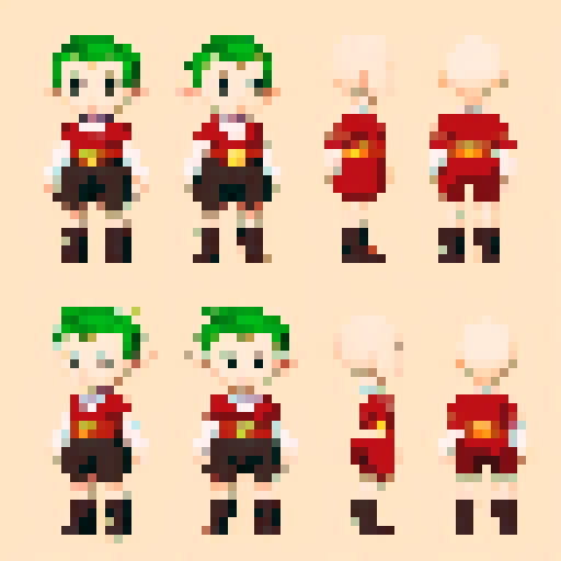 character sheet of a chibi-style elf boy with no hair or clothes, serving as a fully customizable base model. The character has short legs and simple features