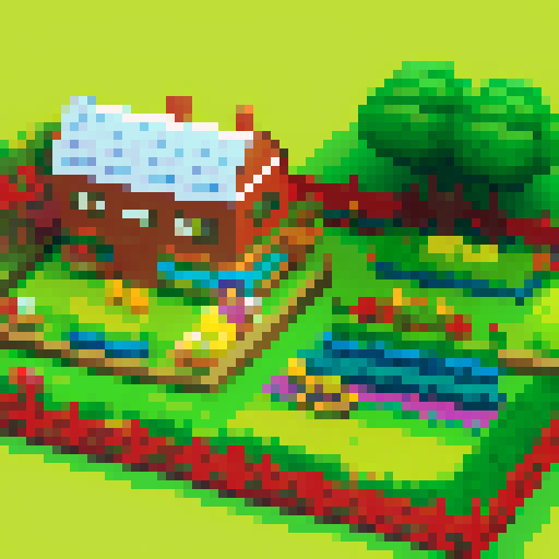 Create a vibrant, pixelated map of a farm-to-table kitchen for the first level of Dr. Ketchup's video game, featuring a lively garden full of fresh vegetables and a bustling kitchen area equipped with classic cooking tools, all rendered in a colorful and stylized pixel art style. Create a pixel art map for the first level of the Dr. Ketchup video game. This level will be the introduction to the world of Dr. Ketchup, setting the tone for the rest of the game. The map should be a stylized version 