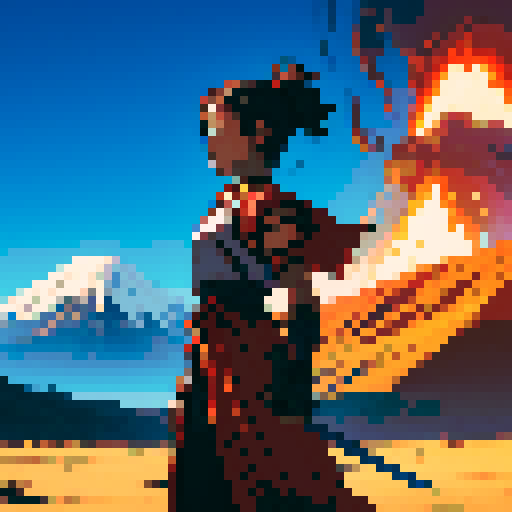 Anime warrior on an adventure with a volcano in the background. The warrior is holding a sword. 