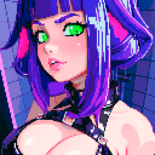 curvy, busty goth girl, close up glamour shot, PVC clothing, neon lighting, modern tile backsplash, vivid colors, pixel art, sRGB