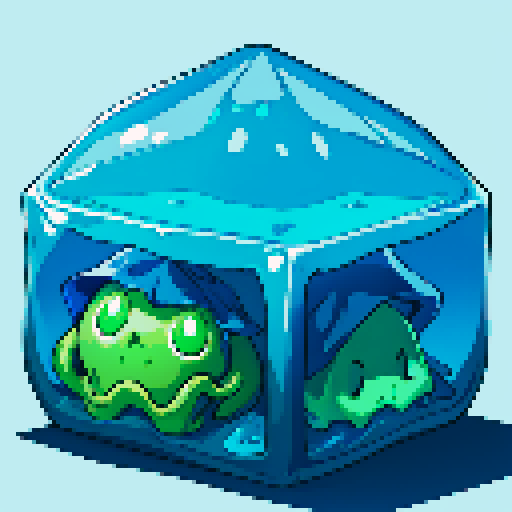gelatinous cube, blue slime cube, slime, skeleton inside of gelatinous cube
