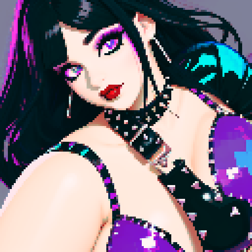 curvy, cute goth woman's face, black hair, purple eyeshadow, red lipstick, studded leather bikini, face portrait, beauty photo, vibrant sRGB colors. 16 bit style
