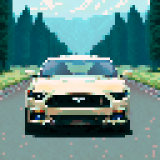 A pixel image of a photorealistic ford mustang car. The car is located in the center of the image and occupies most of the space, we see the front of the car. The car is on the road in the forest