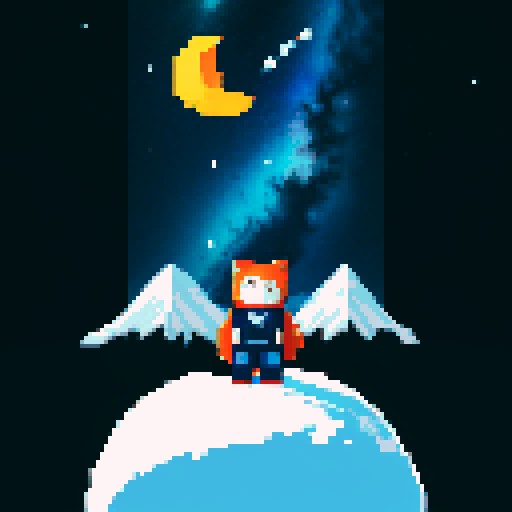 Redhead with black cat in between towering, snowy mountains in space