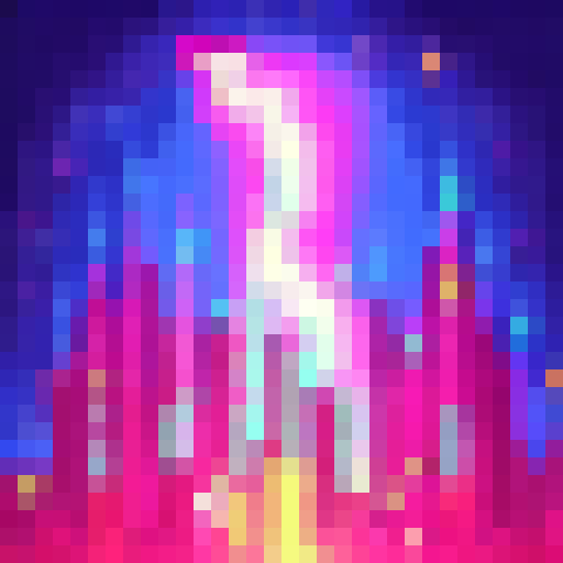 Neon cat with glowing eyes in a futuristic city skyline, surrounded by electric blue and pink lightning bolts, all rendered in a pixelated 32x32 art style.