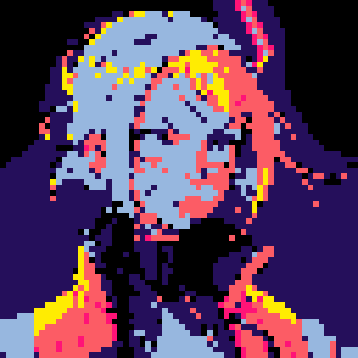 cyberpunk space trader sprite, pixel art, futuristic design, cybernetic arm with intricate detailing, glowing yellow-orange visor over the eyes, trench coat with glowing lines, blue and teal color palette with neon pink and yellow accents, distinct sci-fi aesthetic, confident posture, mid-step left first, left left bent and raised, arms extended, pixel art, sRGB