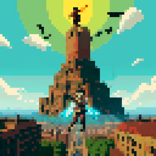 Attack on titan, towering titans with menacing expressions, crumbling cityscape, intense battles in pixel art style, vibrant colors of sRGB palette, soldiers soaring through the air with omni-directional mobility gear, survey corps emblem shining brightly, Eren Yeager's determined face, colossal titan emerging from the smoke, epic clashes between humans and giants