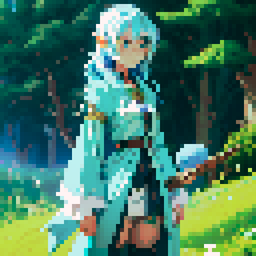 a light blue hair colored elf girl with green eyes, job class mage, age 16 , standing ,holding wood wand 