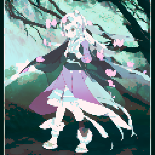 A pale, ethereal figure floats amidst cascading cherry blossom petals, holding a scythe with intricate engravings and wearing a flowing black robe with golden trimmings