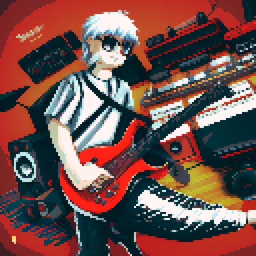 Logo avatar of PetrusDeGrudencz, new electronic music maker and ai designer, sitting boy with guitar with reds in background
