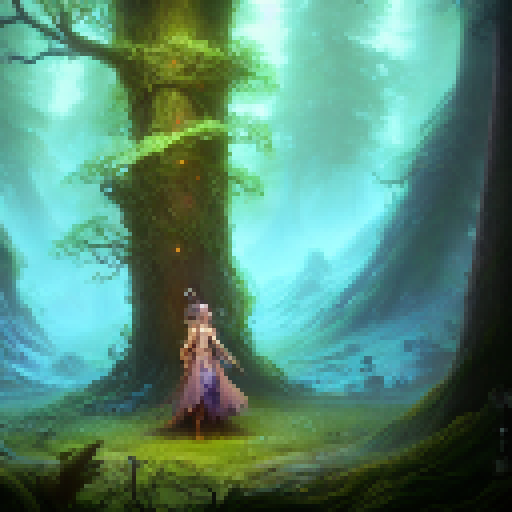 A mystical druid, surrounded by glowing mushrooms and a wispy fog, stands atop a tree stump in a dense forest, communing with a majestic deer spirit.