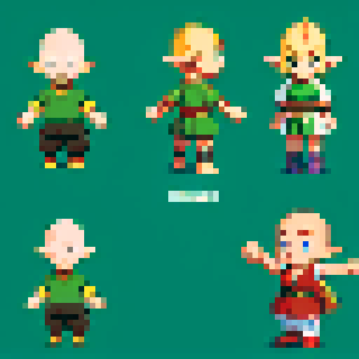 8-bit pixel art base character sheet of a chibi-style elf boy with no hair or clothes, serving as a fully customizable base model. The character has short legs and simple features