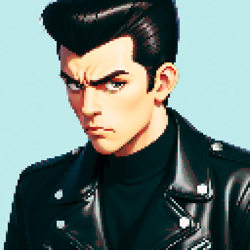 Tough Greaser wearing motorcycle jacket with pompadour hairstyle,portrait, face avatar,  sRGB colors.