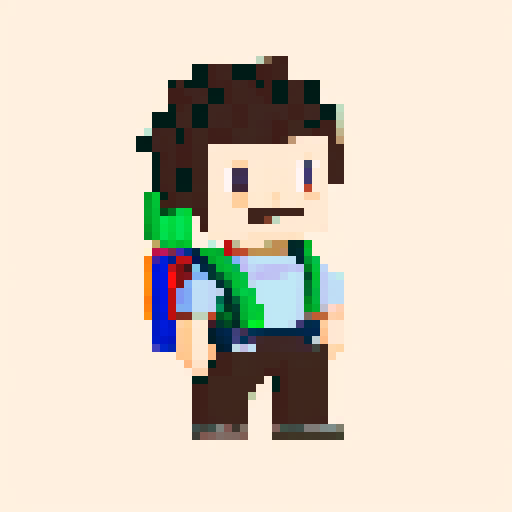 A single sprite of a young boy with a backpack on, pixel art, facing the camera, with a plain expression, on a plain background. His eyes are blue and his hair is brown. His backpack is red. He's wearing green hiking pants with brown shoes.